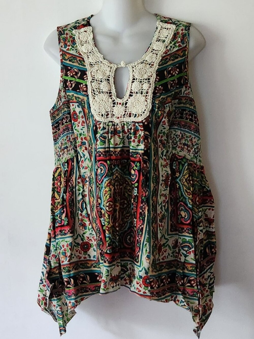 Unity‎ World Wear sz L lace boho vibe colorful smocking EUC